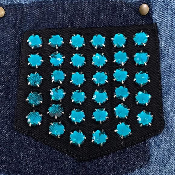 Miu Miu Distressed Denim Mini Skirt With Red & Blue Studded Pocket Accents - Picture 7 of 9